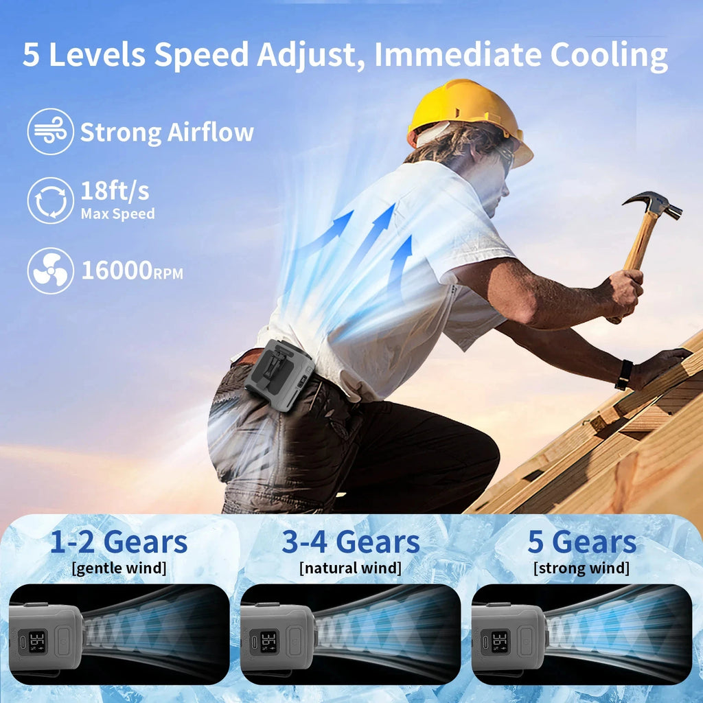 Wearable Waist Fan – 5-Speed Cooling Fan with Flashlight & Power Bank