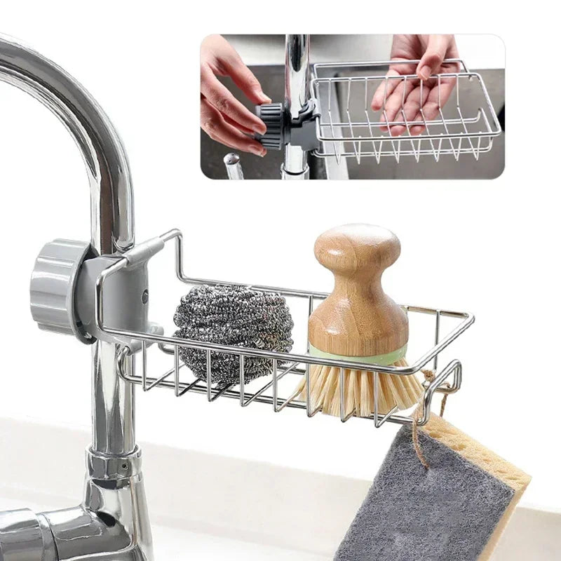 Stainless Steel Faucet Storage Rack – Sponge & Soap Organizer